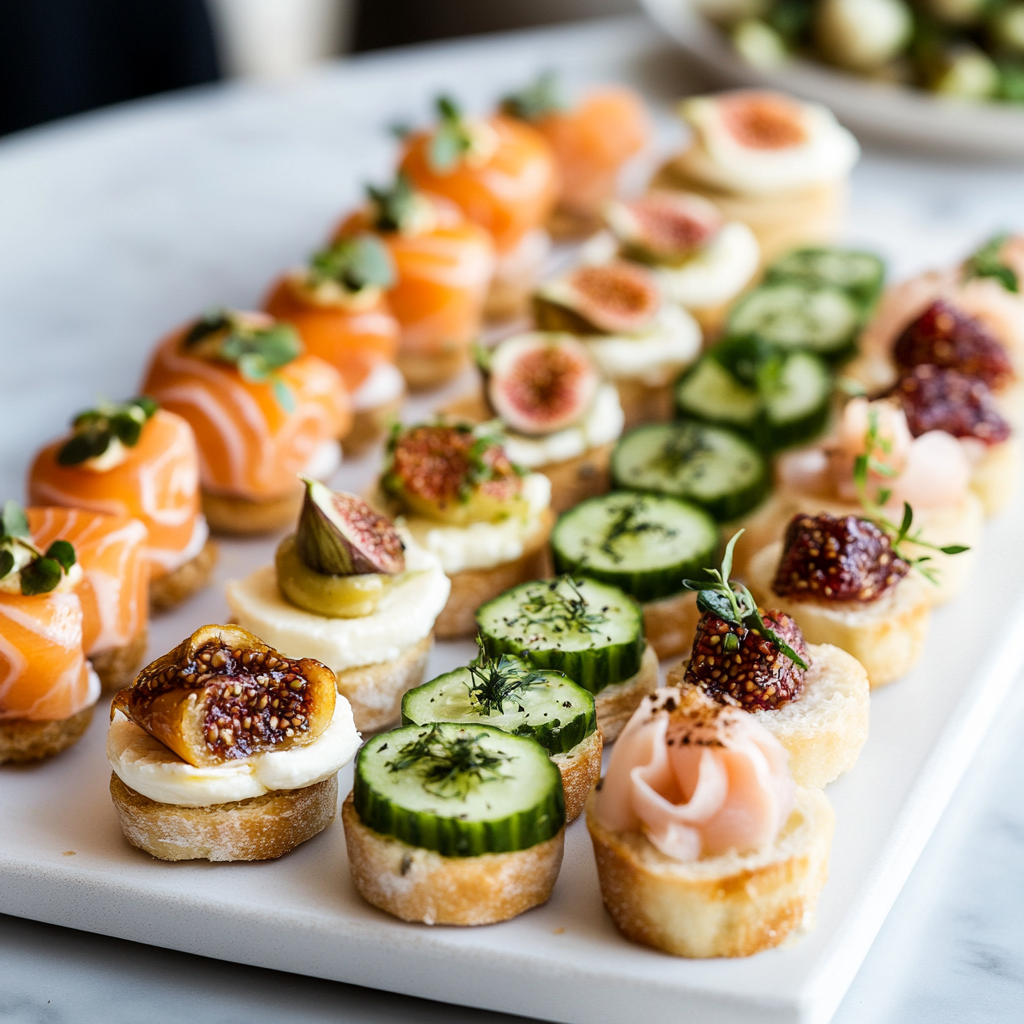 Elegant platter of gourmet amuse-bouche appetizers, including mini tartlets, cucumber cups, and crostini.