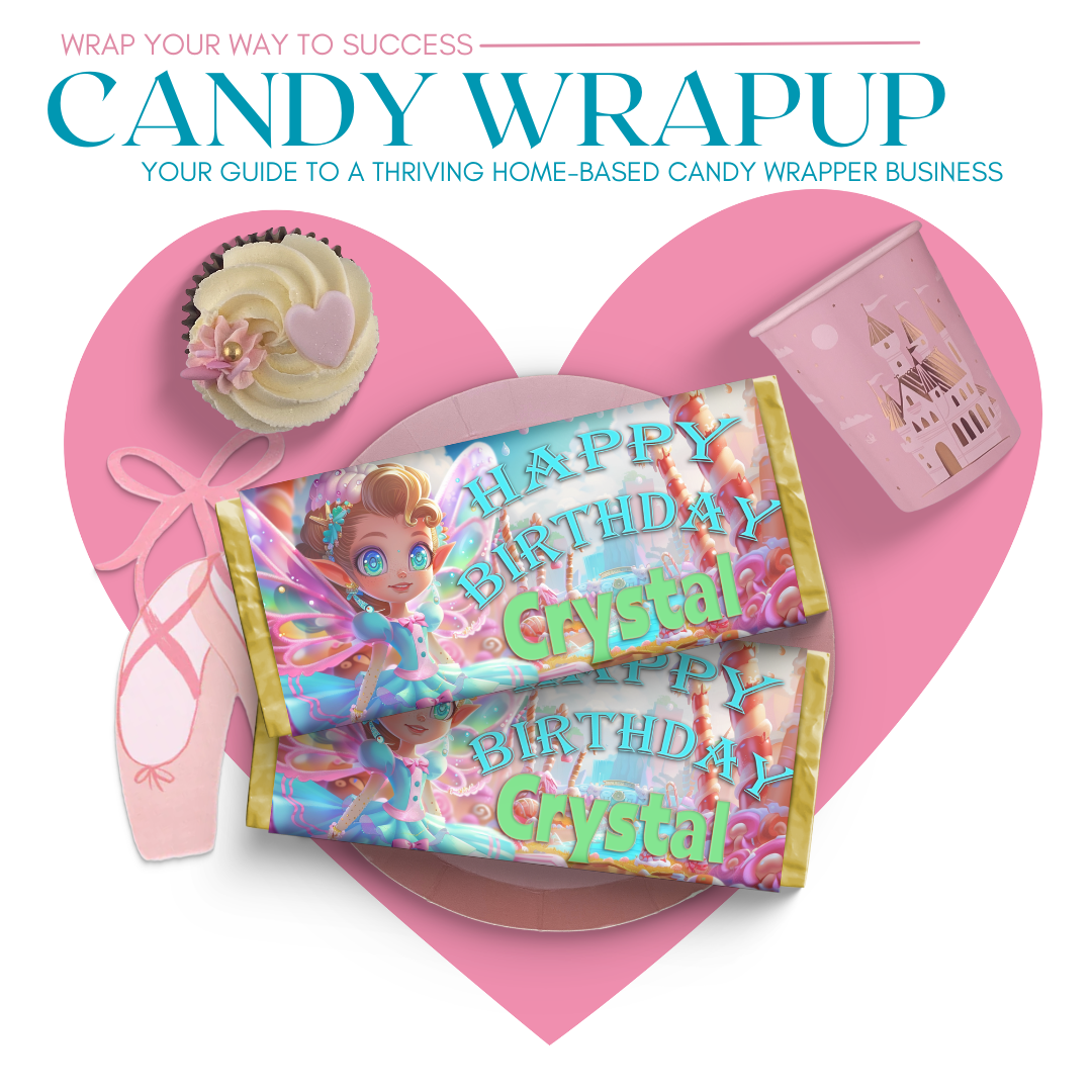 Colorful custom candy wrappers designed for party favors and gifts, displayed on candy bars.