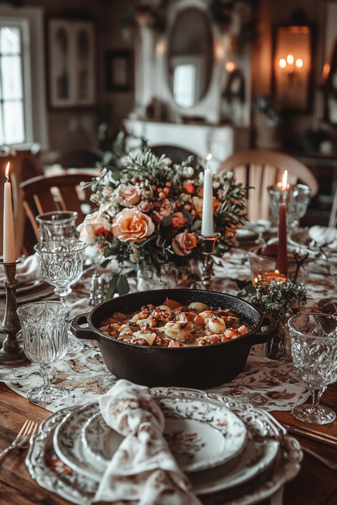 Close-up of kitchen ingredients and a party table with candles, wine glasses, and soft lighting.