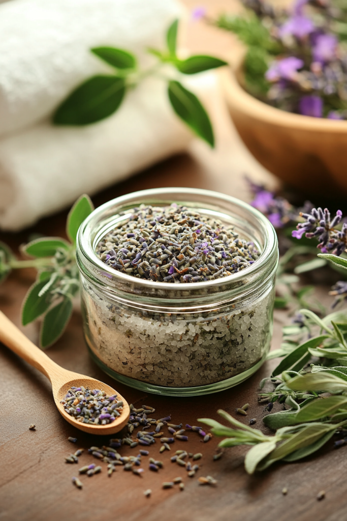 Jar of DIY lavender and eucalyptus bath salts on a rustic wooden countertop with dried lavender buds and eucalyptus leaves.