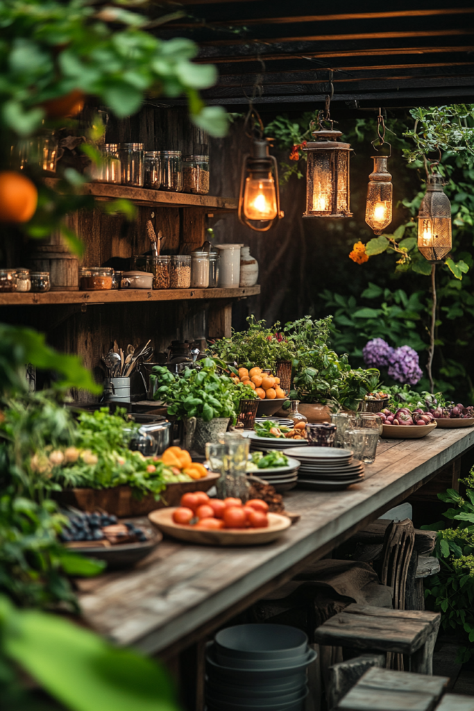 Gourmet kitchen with spices and produce next to an outdoor table with vintage lanterns and flowers.