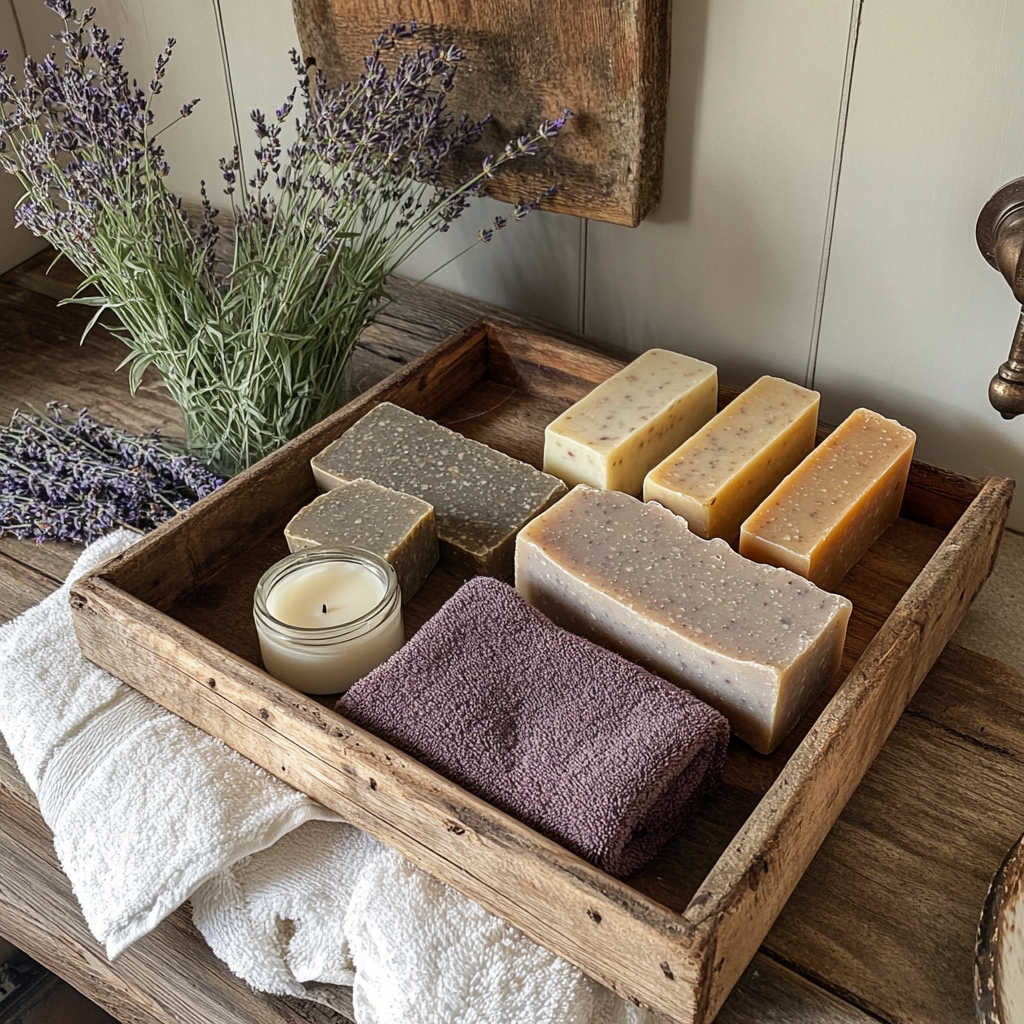 Handmade natural soaps with lavender and herbs on a rustic wooden tray.