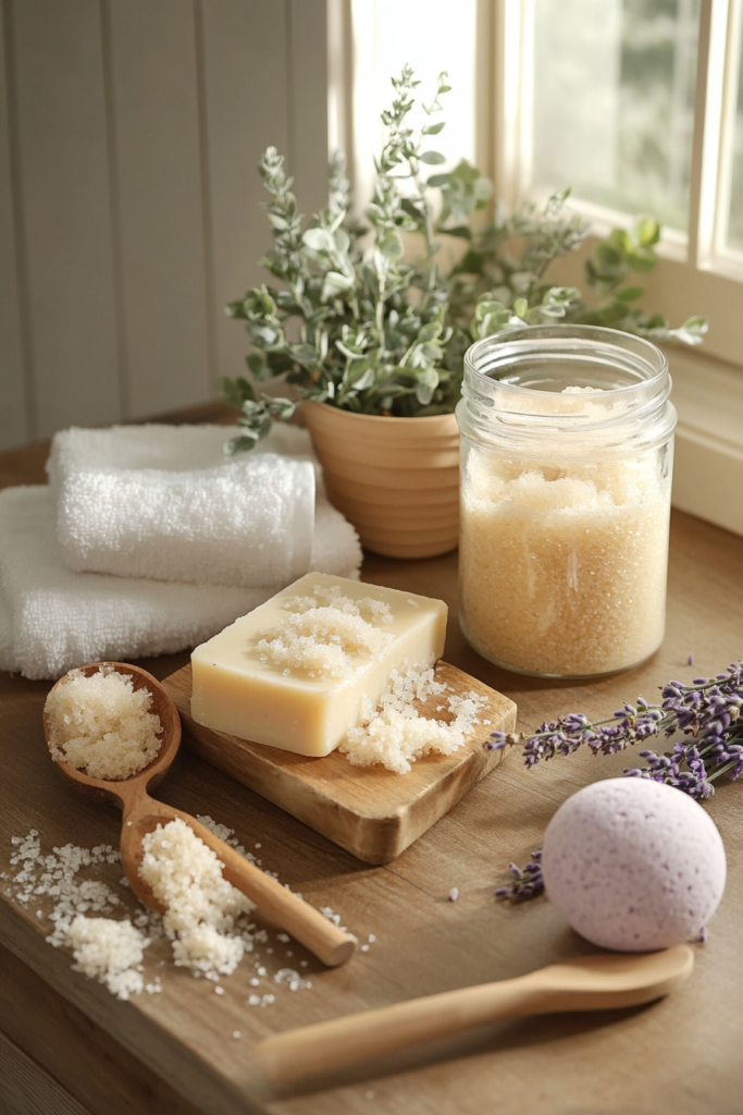 Collection of homemade bath and body products including soap, body scrub, bath bomb, and bath salts on a rustic wooden countertop.