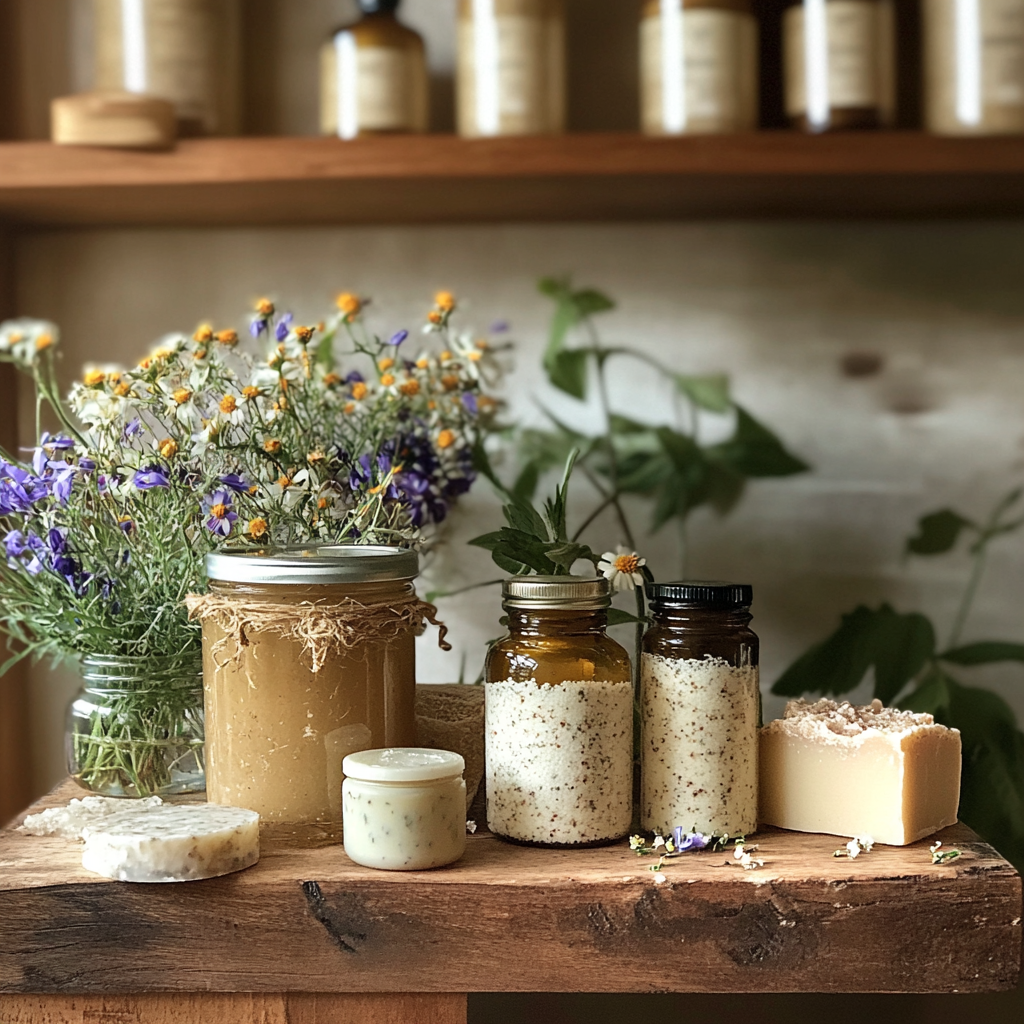 Homemade skincare products like sugar scrubs, herbal oils, and natural soap bars on a shelf.