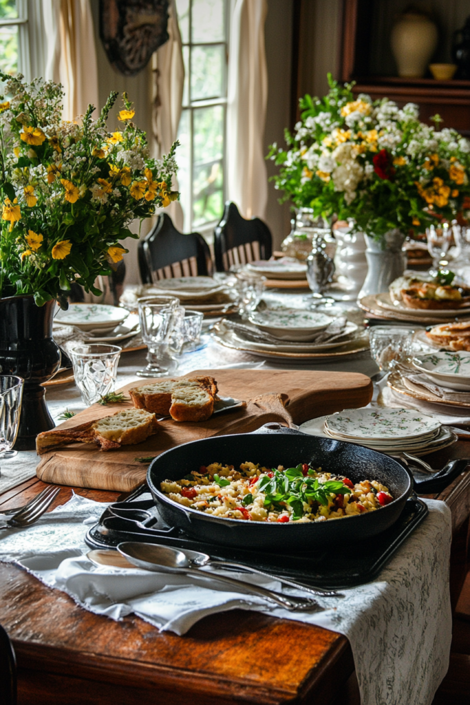 Southern kitchen with cast iron skillet and elegant table setting with flowers and glassware.