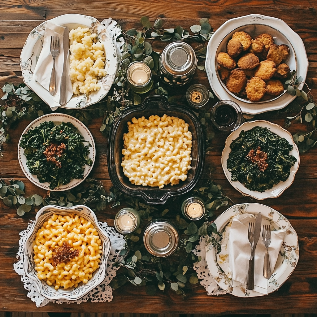 Table with southern comfort foods like macaroni and cheese, collard greens, and cornbread muffins.