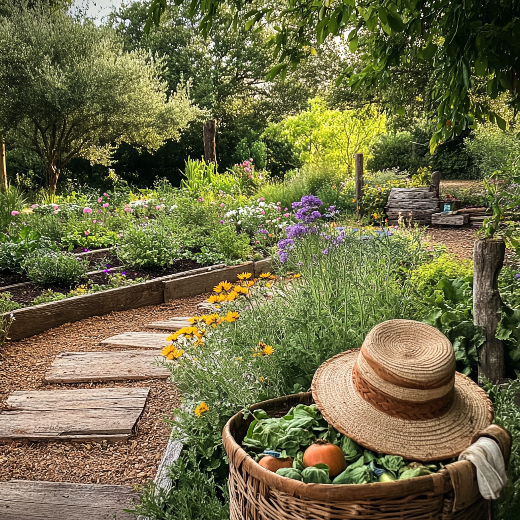 Southern garden with vegetable beds, blooming flowers, and a basket of harvested produce.