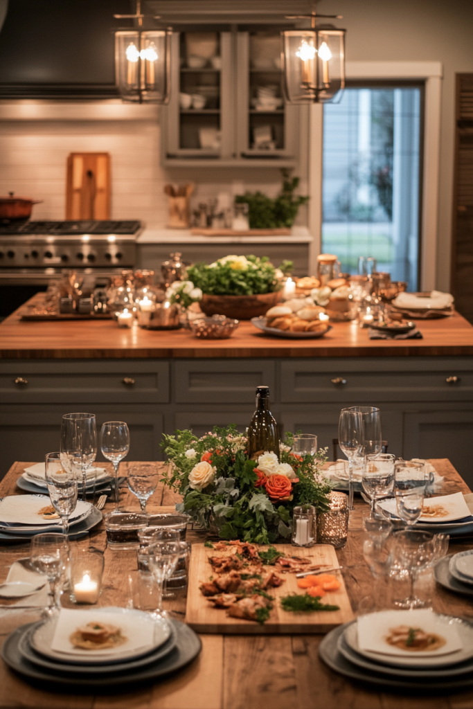 Rustic southern kitchen with gourmet dish next to elegant party table setup.