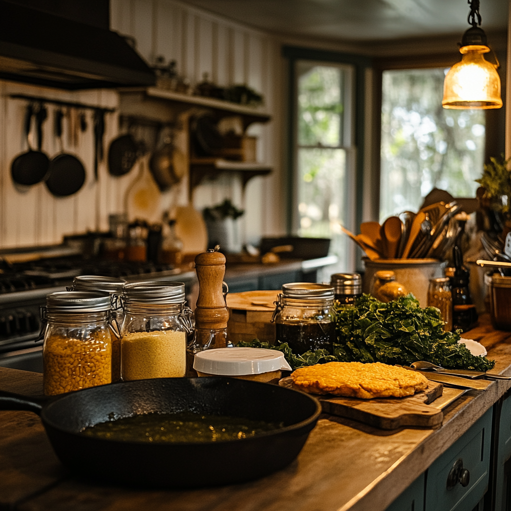 Cozy southern kitchen with cast iron skillet, cornbread, fried chicken, and collard greens.