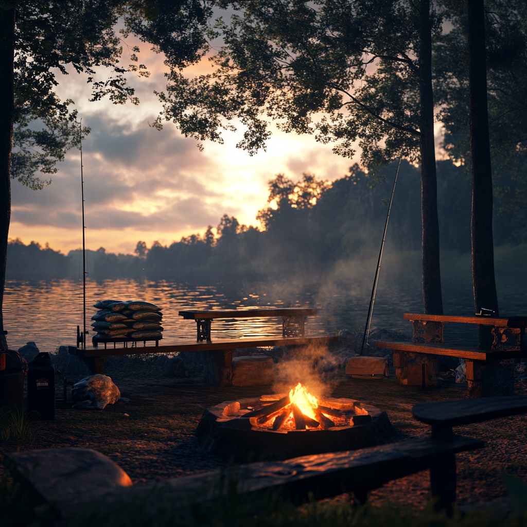 Outdoor fire pit with fishing rods, camping gear, and freshly caught fish.