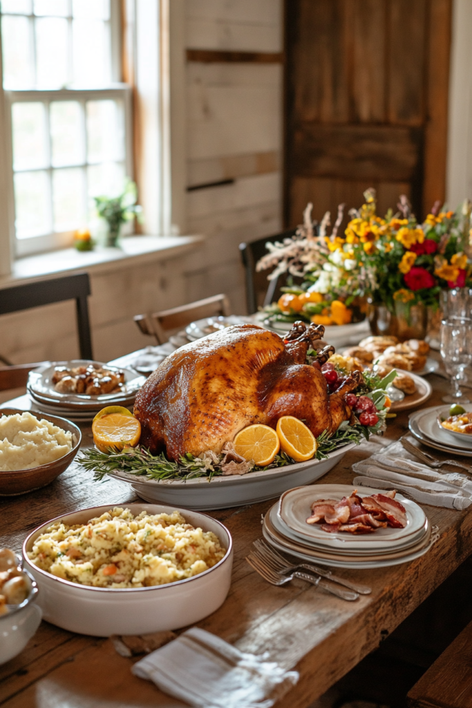 Golden roasted turkey dinner with southern sides like cornbread dressing, mashed potatoes, and green beans on a rustic country table.