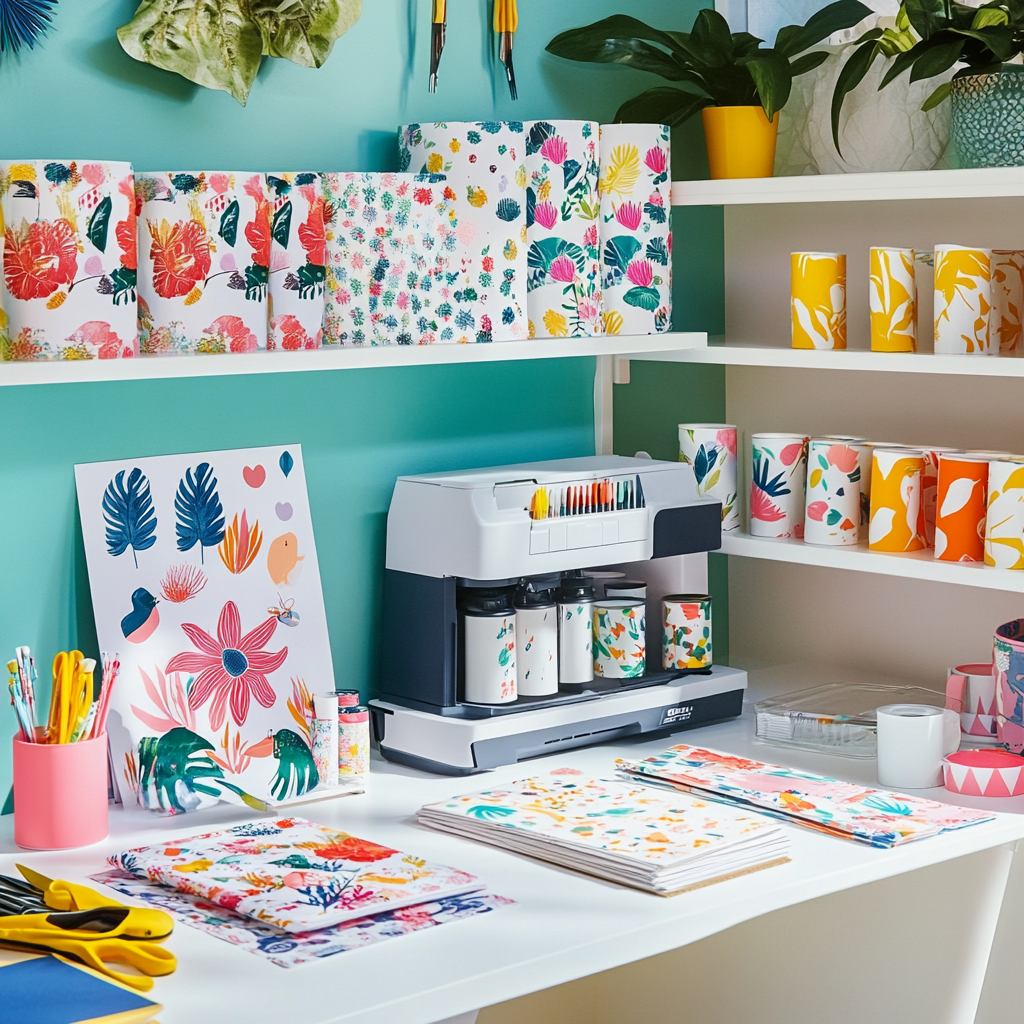 Creative workspace with colorful sublimation prints for mugs, t-shirts, and home decor items.